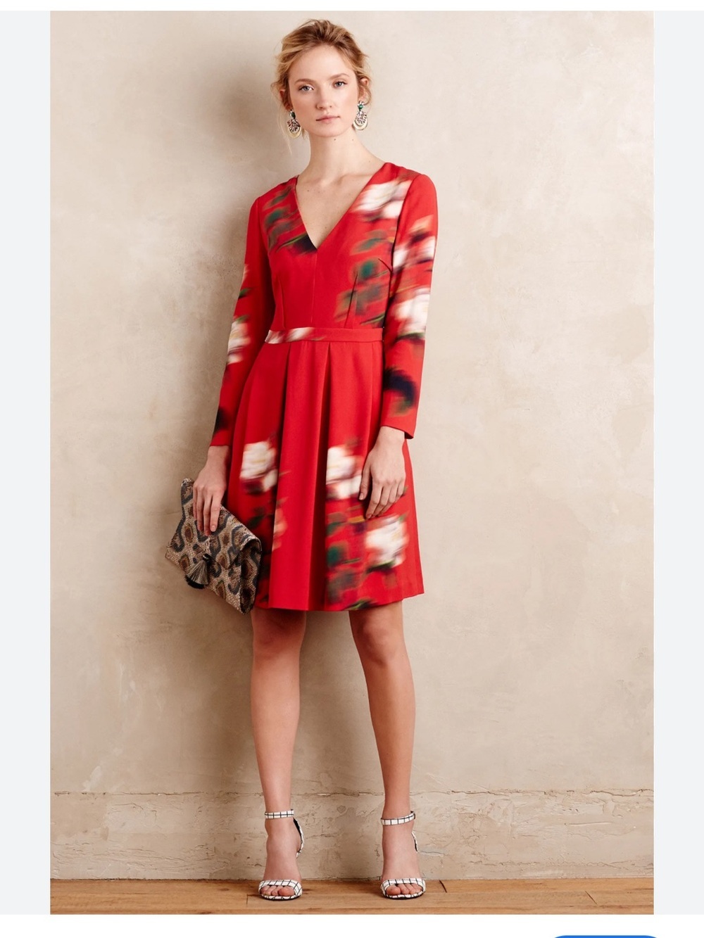 Peter Som Red Floral V-Neck Long Sleeve Dress thick lined Sz 12